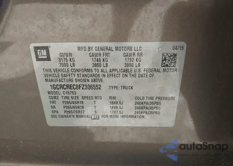 2015 Chevrolet Silverado 1500 1Lt from USA, damaged, VIN 1GCRCREC8FZ306552